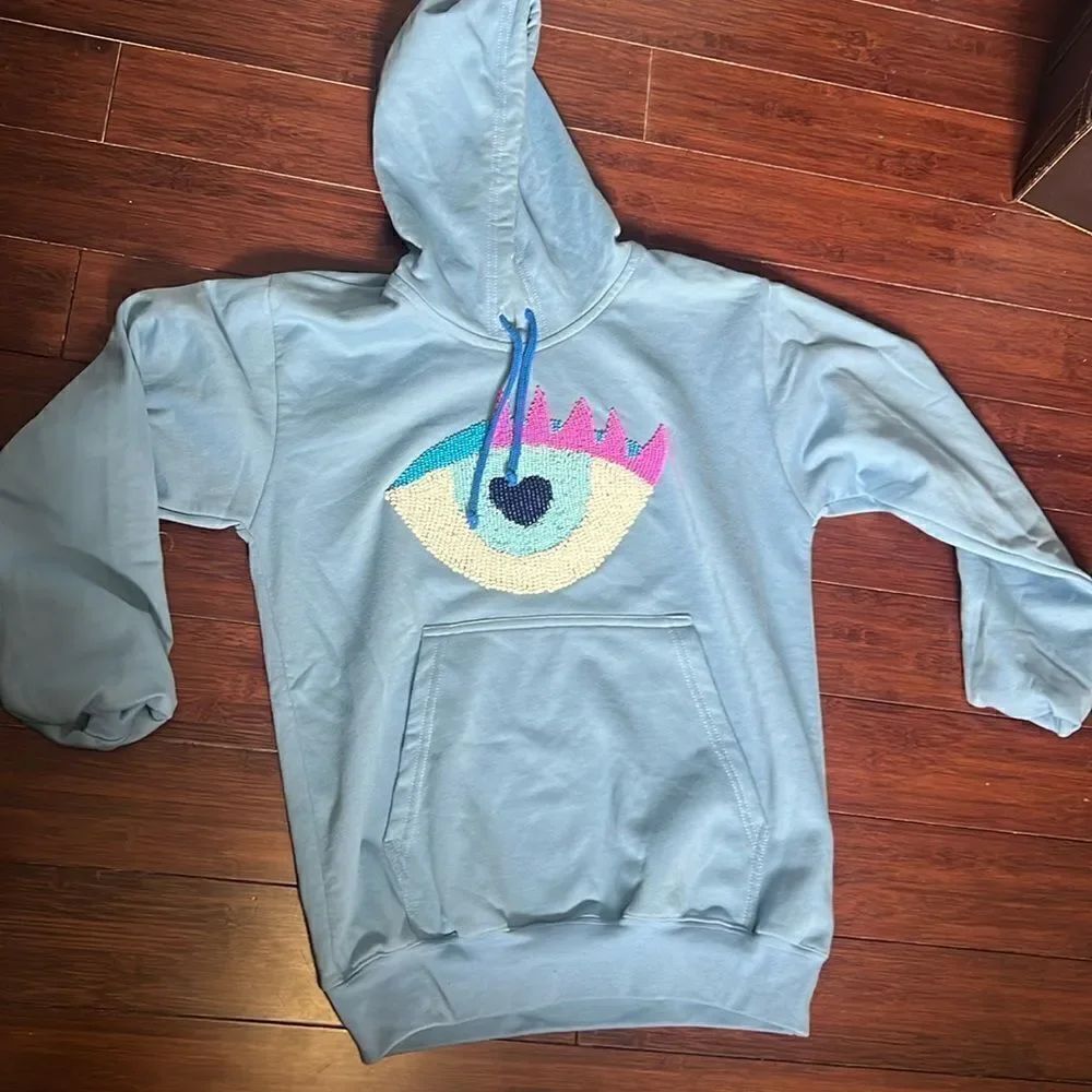 BRAND NEW - Handbeaded Eye Design Sweatshirt Hoodie - Small - Light Blue w Beads